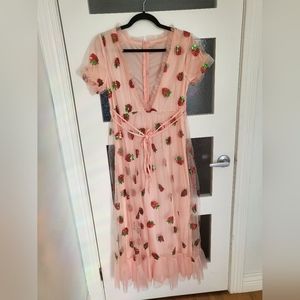 Embroidered Strawberry Midi Chiffon Tule Dress